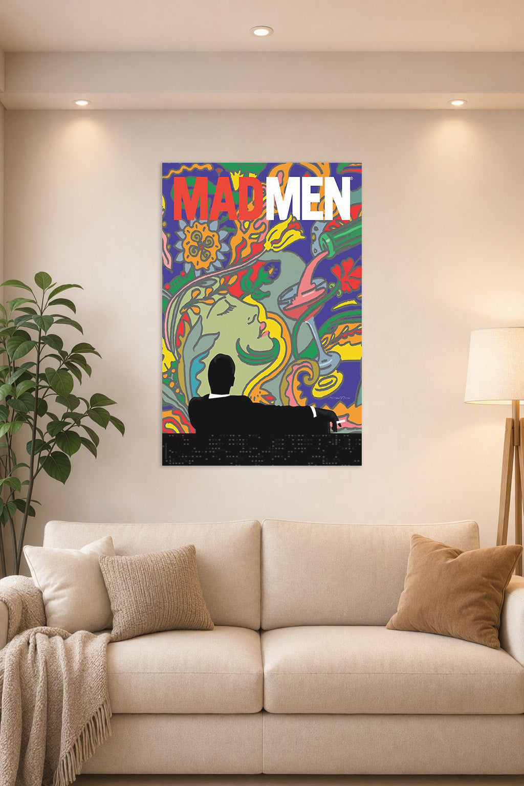 Mad Men in a bright living room above a beige sofa.