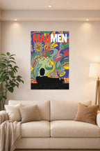Mad Men in a bright living room above a beige sofa.