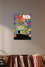 Mad Men in a cozy movie room above a brown sofa with popcorn.