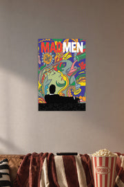 Mad Men in a cozy movie room above a brown sofa with popcorn.