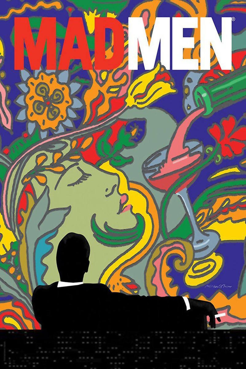 Mad Men poster features a black-suited seated silhouette before a vivid pop-art woman's face, cocktail glass, and bold red-white title.