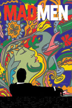 Mad Men poster features a black-suited seated silhouette before a vivid pop-art woman's face, cocktail glass, and bold red-white title.