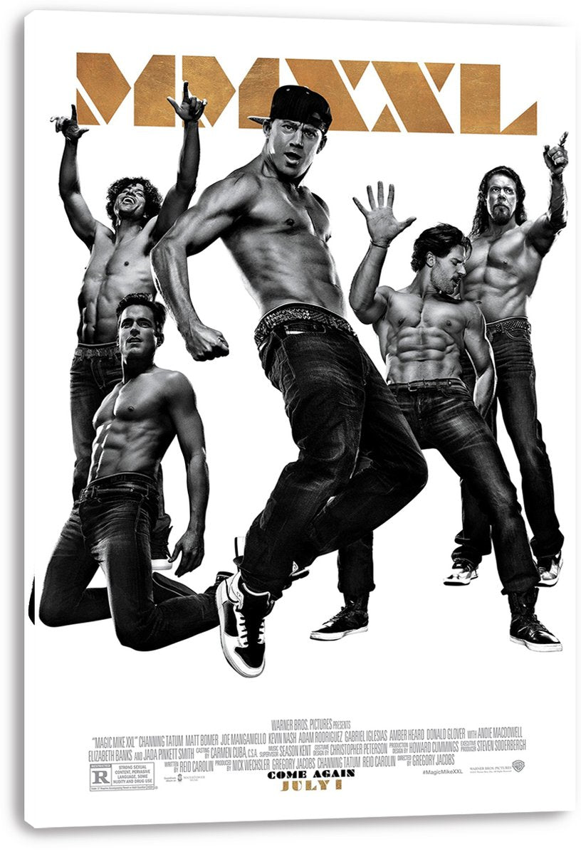 Magic Mike XXL canvas wall art print with five shirtless male dancers in dynamic black-and-white poses and gold lettering.