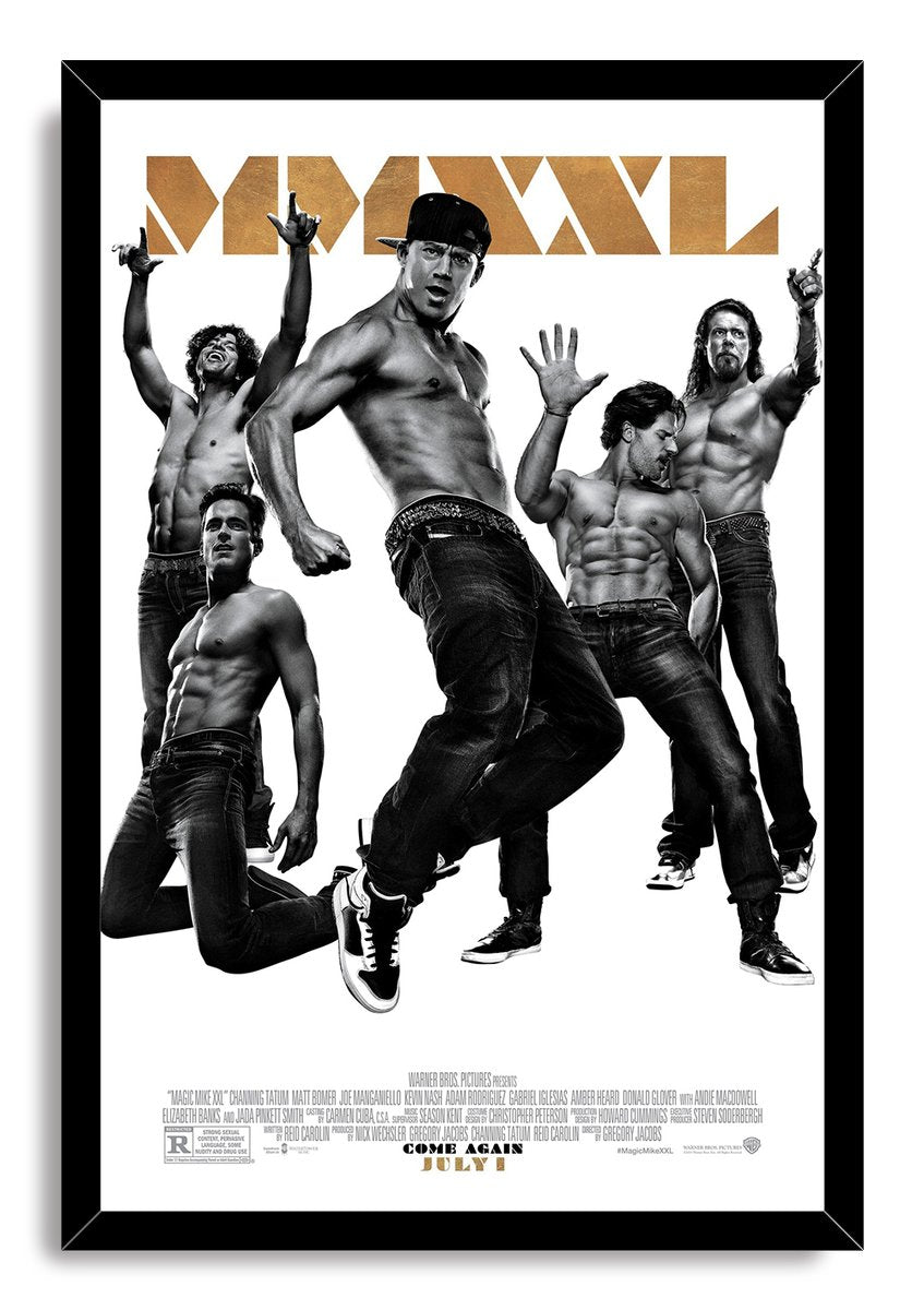Magic Mike XXL framed wall art print featuring five shirtless male dancers, metallic gold title text, and a black border.
