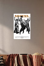 Magic Mike XXL Movie in a cozy movie room above a brown sofa with popcorn.