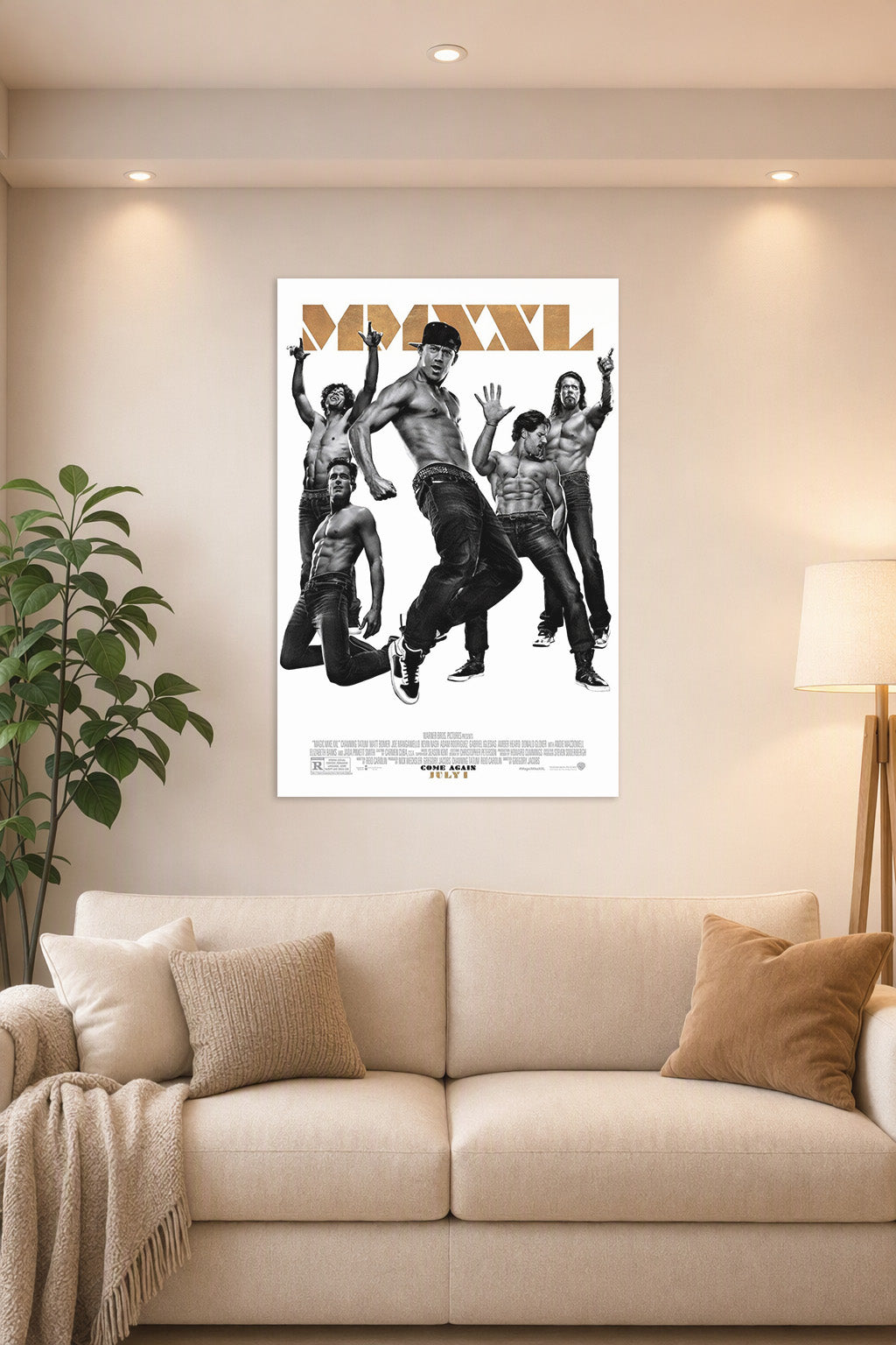 Magic Mike XXL Movie in a bright living room above a beige sofa.