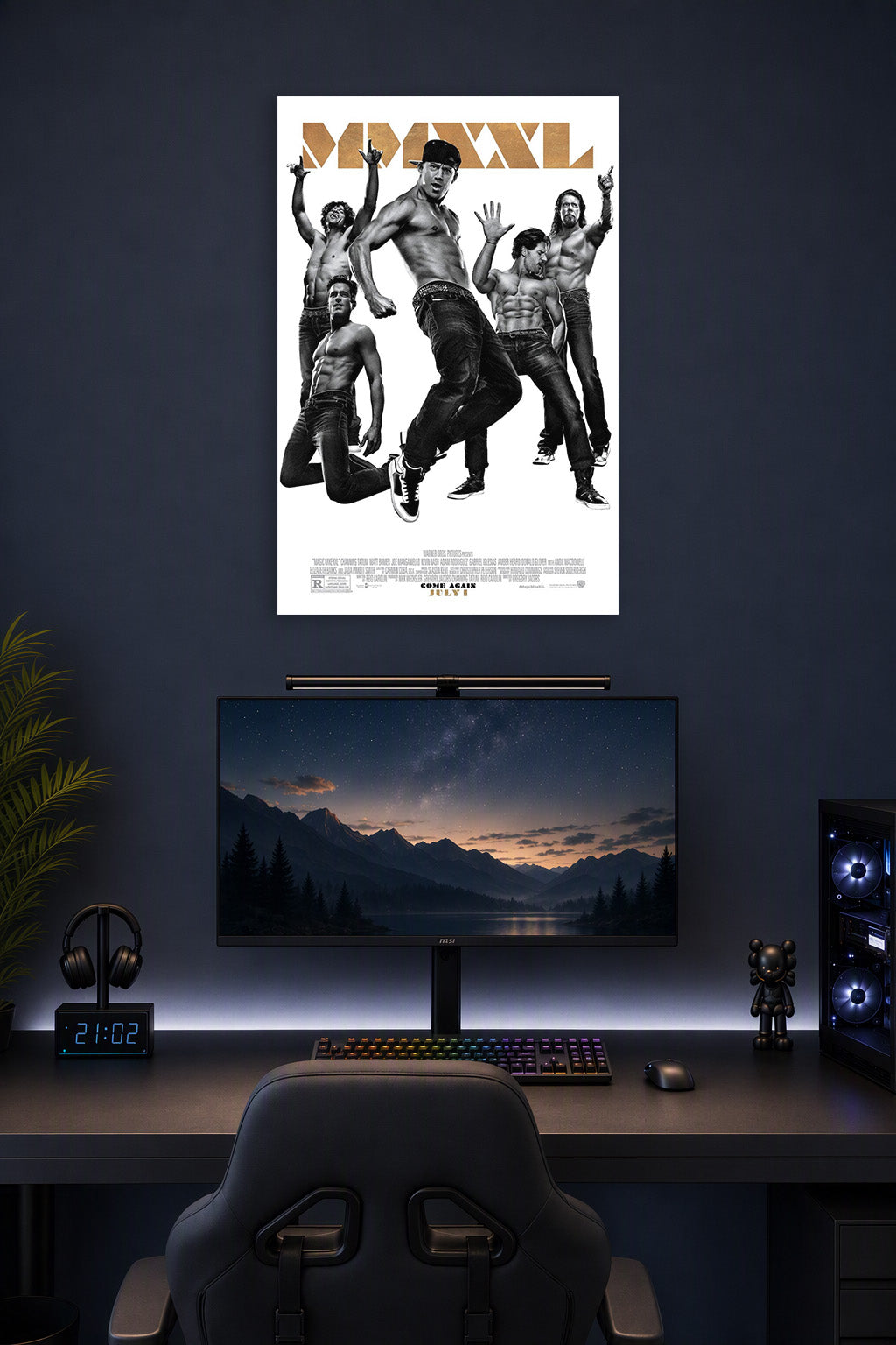 Magic Mike XXL Movie in a gaming desk setup above a monitor.