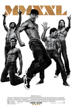 Magic Mike XXL poster featuring five shirtless male dancers in black-and-white poses beneath a bold metallic gold title.