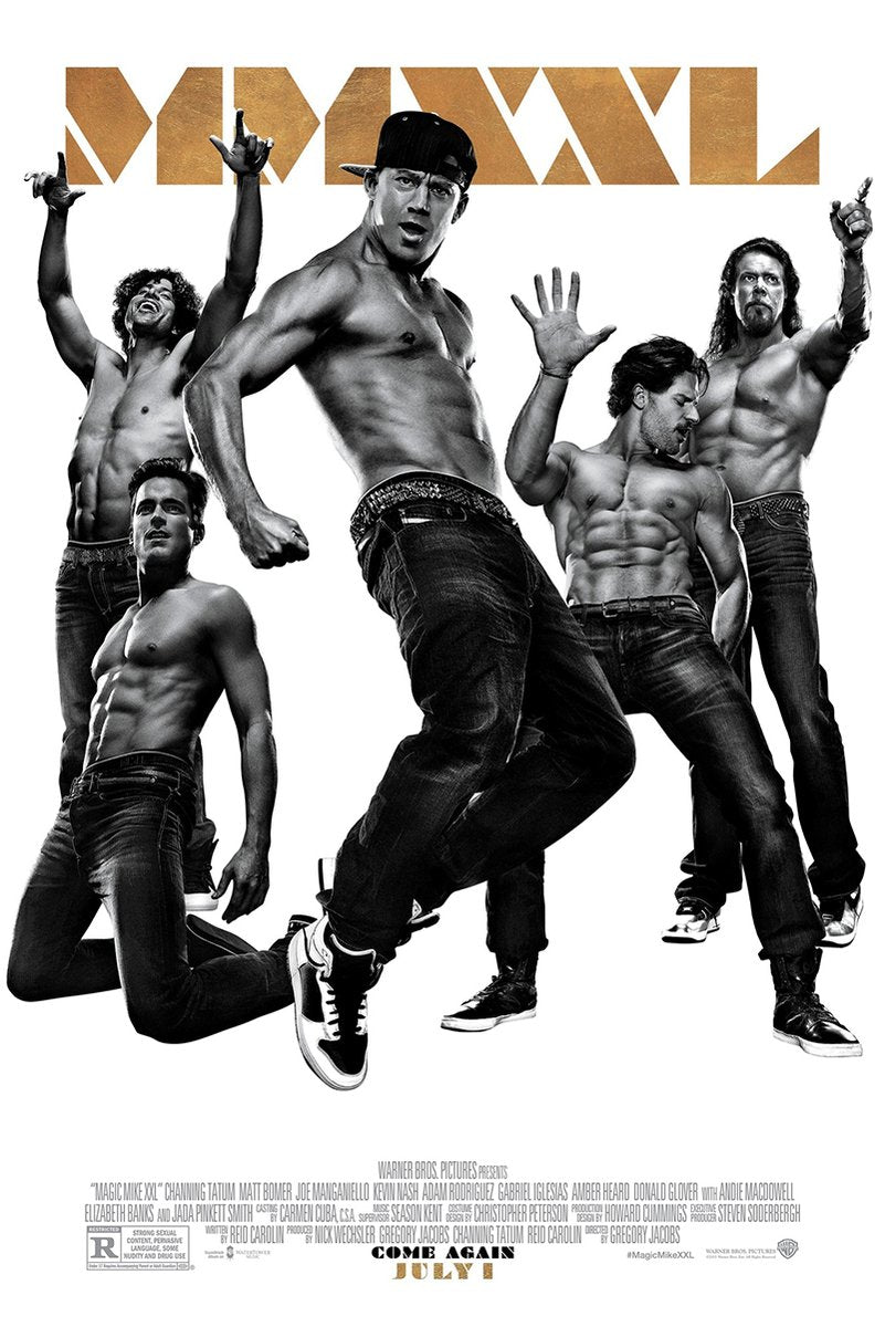Magic Mike XXL poster featuring five shirtless male dancers in black-and-white poses beneath a bold metallic gold title.