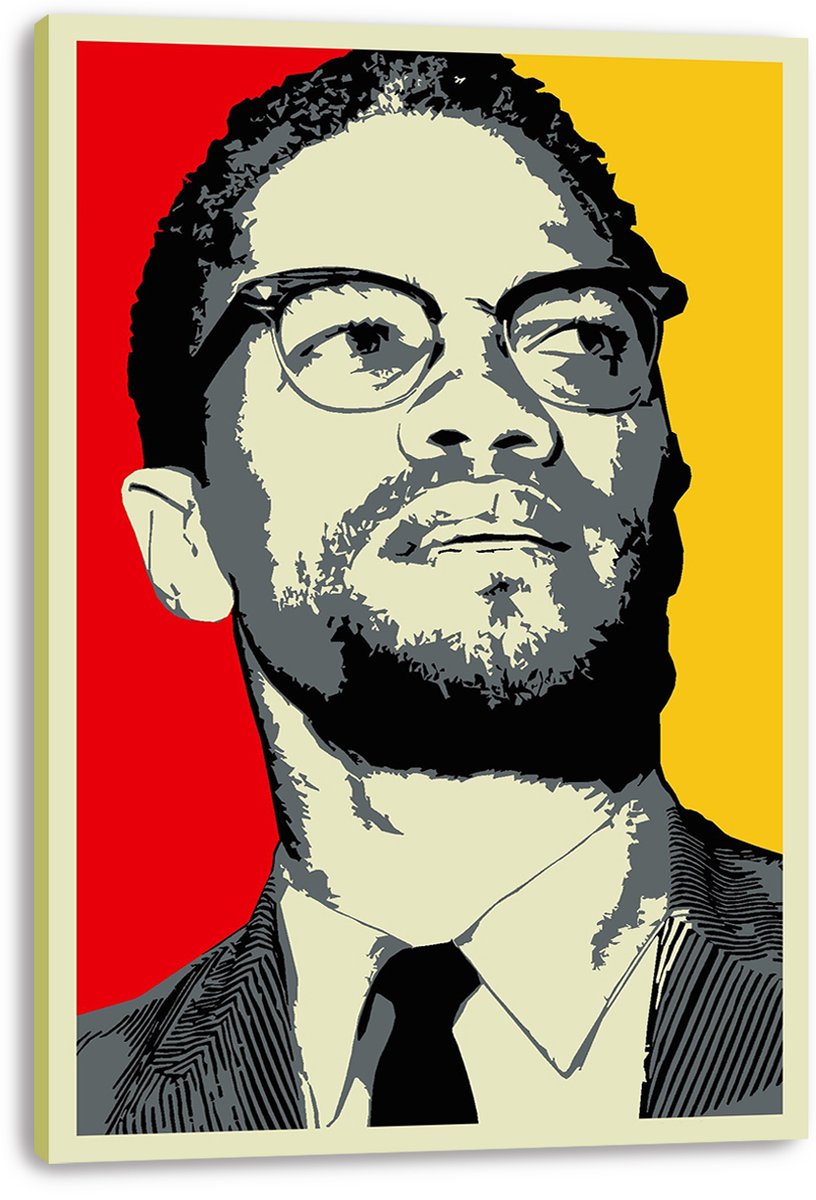 Malcolm X canvas wall art print displays a graphic close-up portrait with dark glasses, striped suit, red, and yellow background.