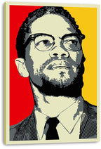 Malcolm X canvas wall art print displays a graphic close-up portrait with dark glasses, striped suit, red, and yellow background.