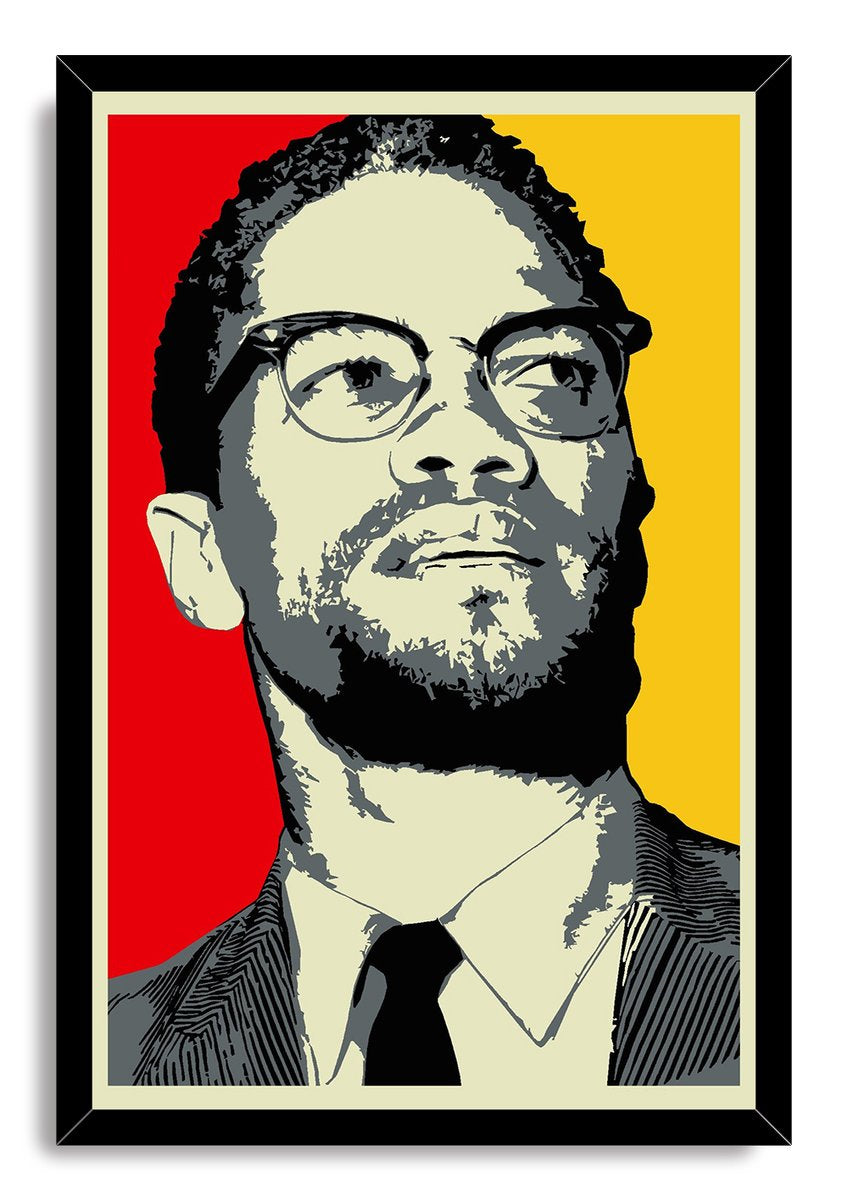 Malcolm X framed wall art print presents a high-contrast portrait in glasses and tie, bordered by a black frame.