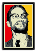 Malcolm X framed wall art print presents a high-contrast portrait in glasses and tie, bordered by a black frame.