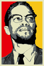 Malcolm X wall art print features a bold stencil-style portrait in glasses, suit, and tie against red and yellow blocks.