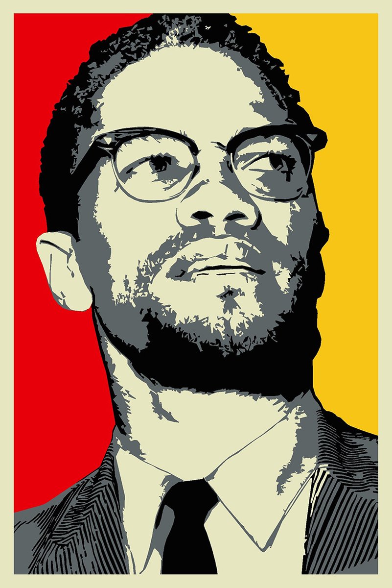 Malcolm X wall art print features a bold stencil-style portrait in glasses, suit, and tie against red and yellow blocks.