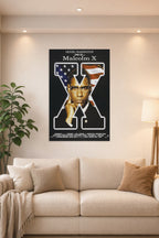 Malcolm X in a bright living room above a beige sofa.
