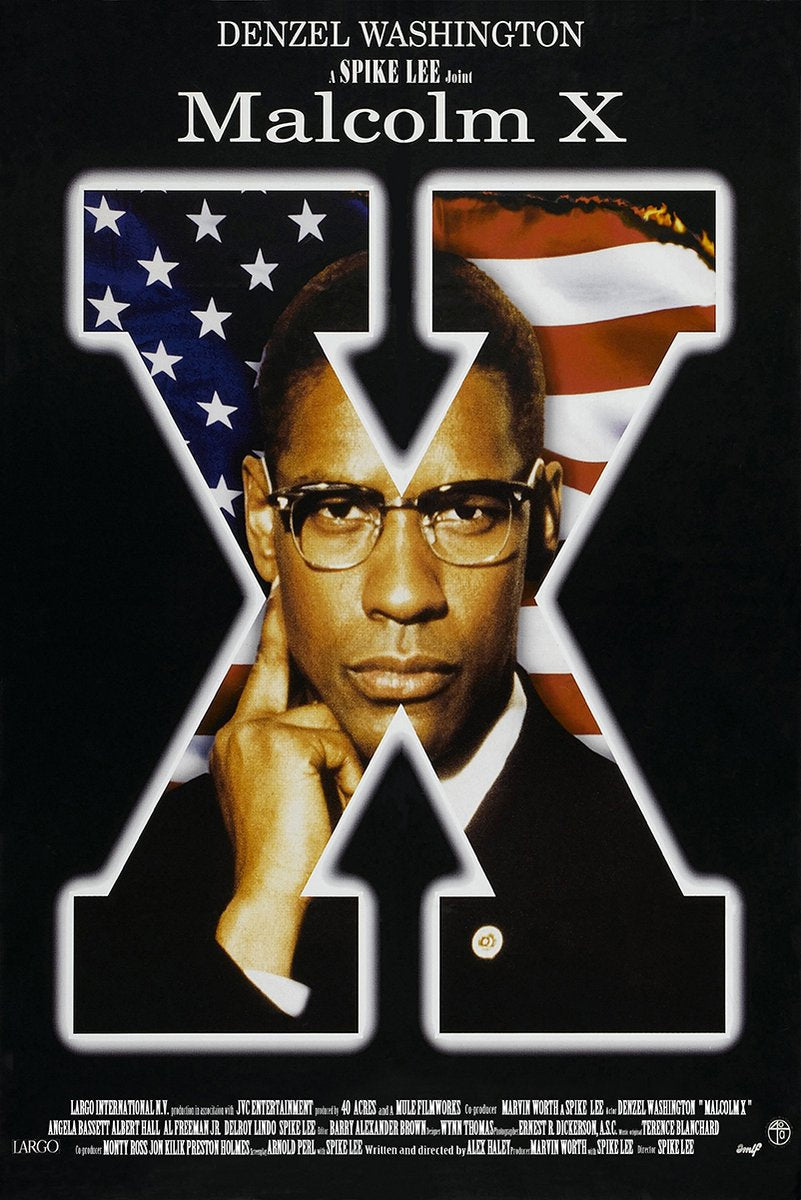 Malcolm X movie poster features Denzel Washington in glasses before a large X filled with the American flag on black.