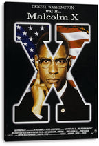 Malcolm X wall art print on a thick black canvas, featuring Denzel Washington framed by a flag-filled X.