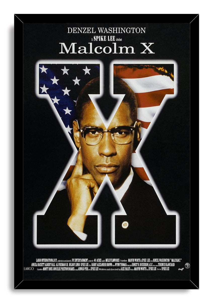 Malcolm X movie poster presented in a black frame, with Denzel Washington before a bold American flag X.