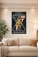 Malcolm X Movie Poster in a bright living room above a beige sofa.