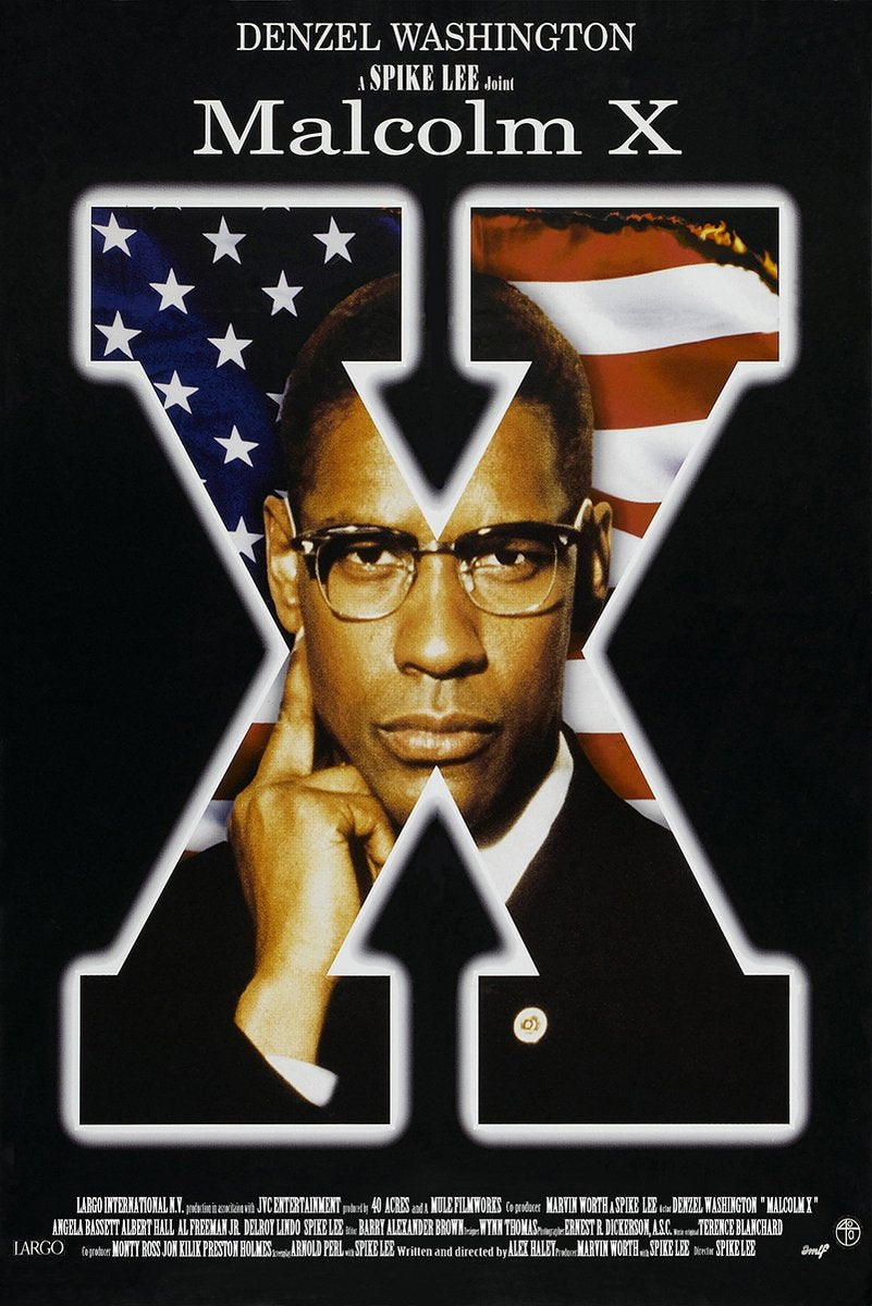 Malcolm X movie poster featuring Denzel Washington in glasses before a large X filled with the American flag.