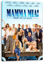 Mamma Mia! Here We Go Again canvas wall art print with cast portraits, blue title lettering, and a dock scene.