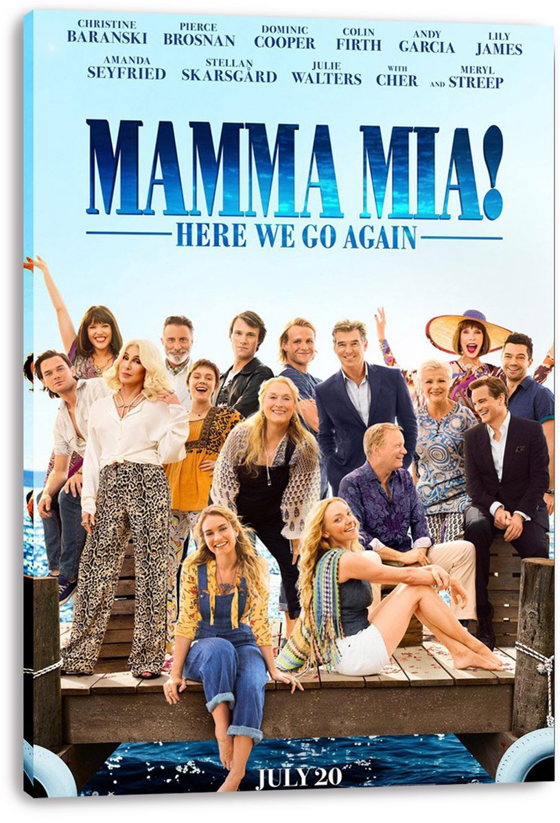 Mamma Mia! Here We Go Again canvas wall art print with cast portraits, blue title lettering, and a dock scene.