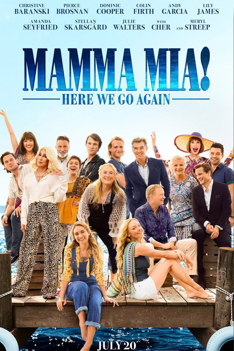 Mamma Mia! Here We Go Again poster featuring the ensemble cast posed on a sunny dock above blue water.