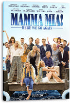 Mamma Mia! Here We Go Again canvas wall art print featuring the cast gathered on a dock, with blue title lettering and sea below.