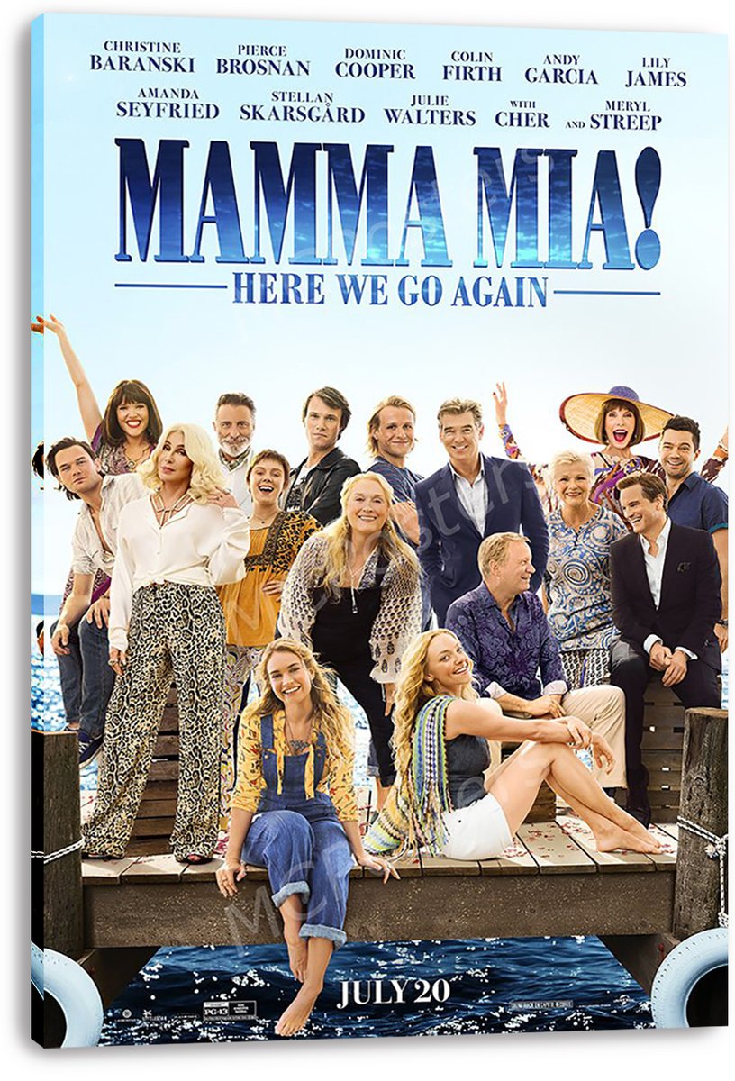 Mamma Mia! Here We Go Again canvas wall art print featuring the cast gathered on a dock, with blue title lettering and sea below.