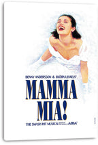 Mamma Mia! wall art print on a visible stretched canvas features a joyful bride in white with bold blue and gold typography.