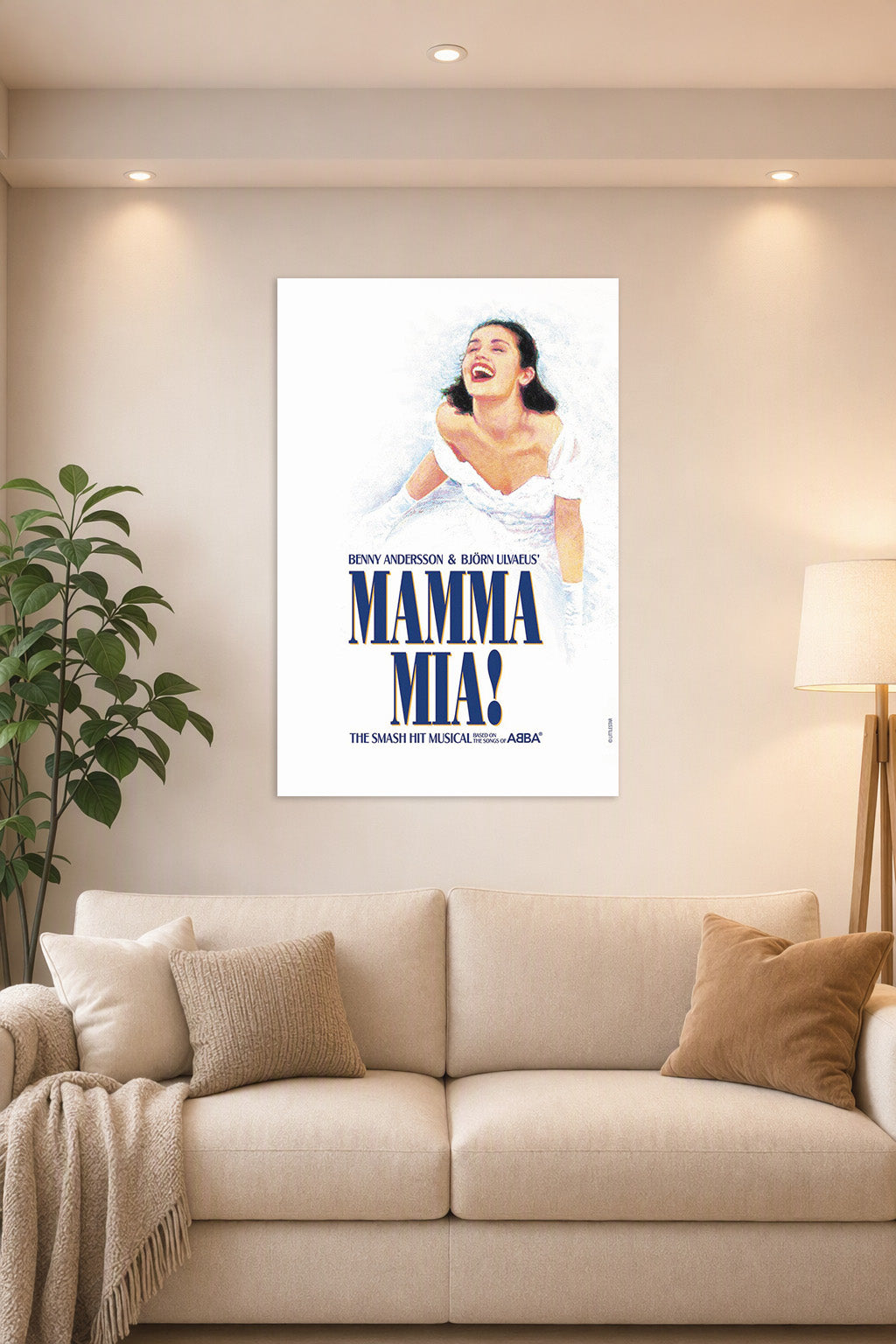 Mamma Mia! Musical in a bright living room above a beige sofa.