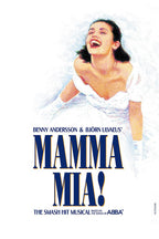 Mamma Mia! musical poster features a laughing dark-haired bride in a white dress above bold navy and gold title lettering.