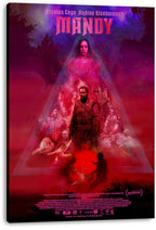 Mandy movie poster canvas print with wrapped black edges, featuring red and violet surreal portraits in a triangular composition.