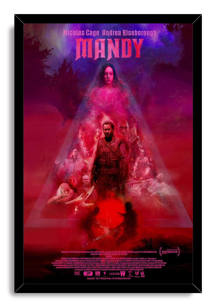 Mandy movie poster wall art print presented in a black frame, with vivid magenta, red, and purple character collage artwork.