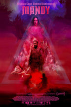 Mandy movie poster wall art print with a central man and woman amid crimson fog, purple cosmic sky, and shadowy figures.