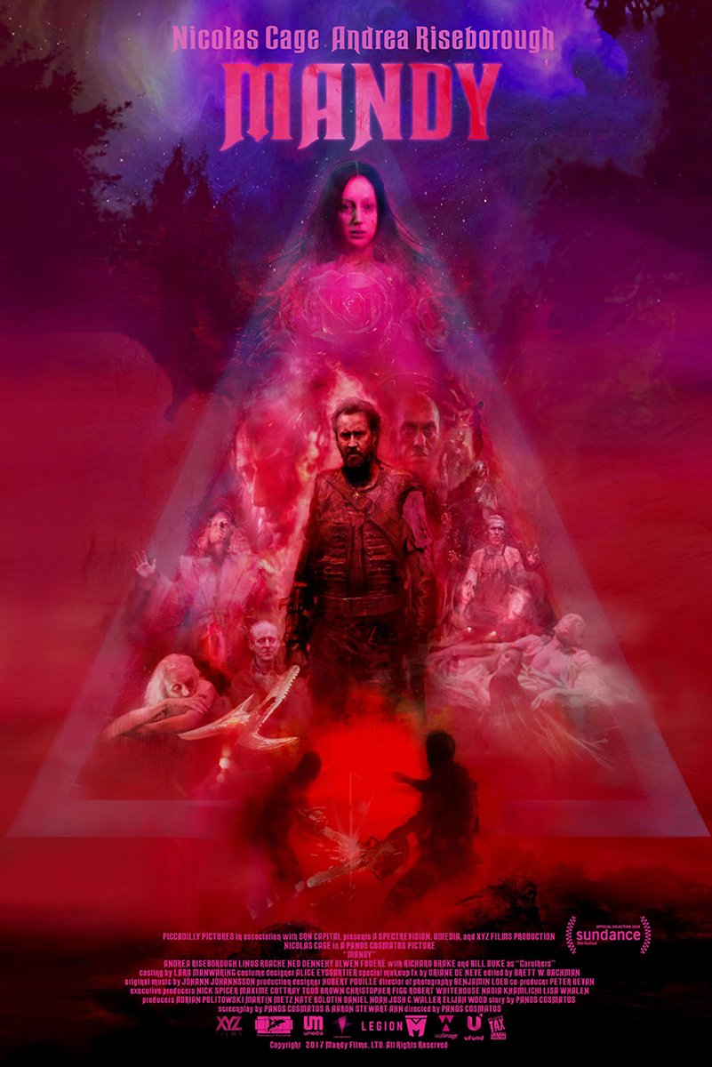 Mandy movie poster wall art print with a central man and woman amid crimson fog, purple cosmic sky, and shadowy figures.