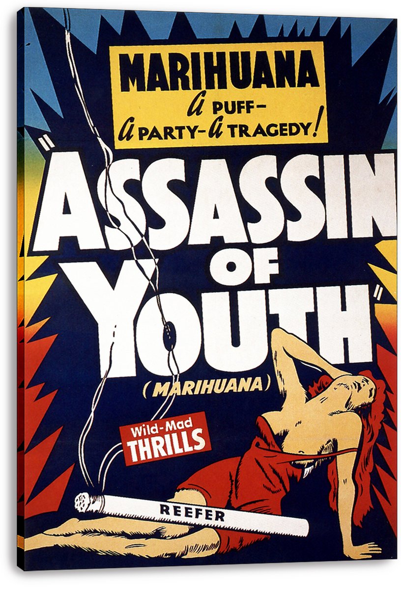 Marihuana Assassin of Youth canvas wall art print features yellow and red accents, dramatic lettering, and a reclining woman.