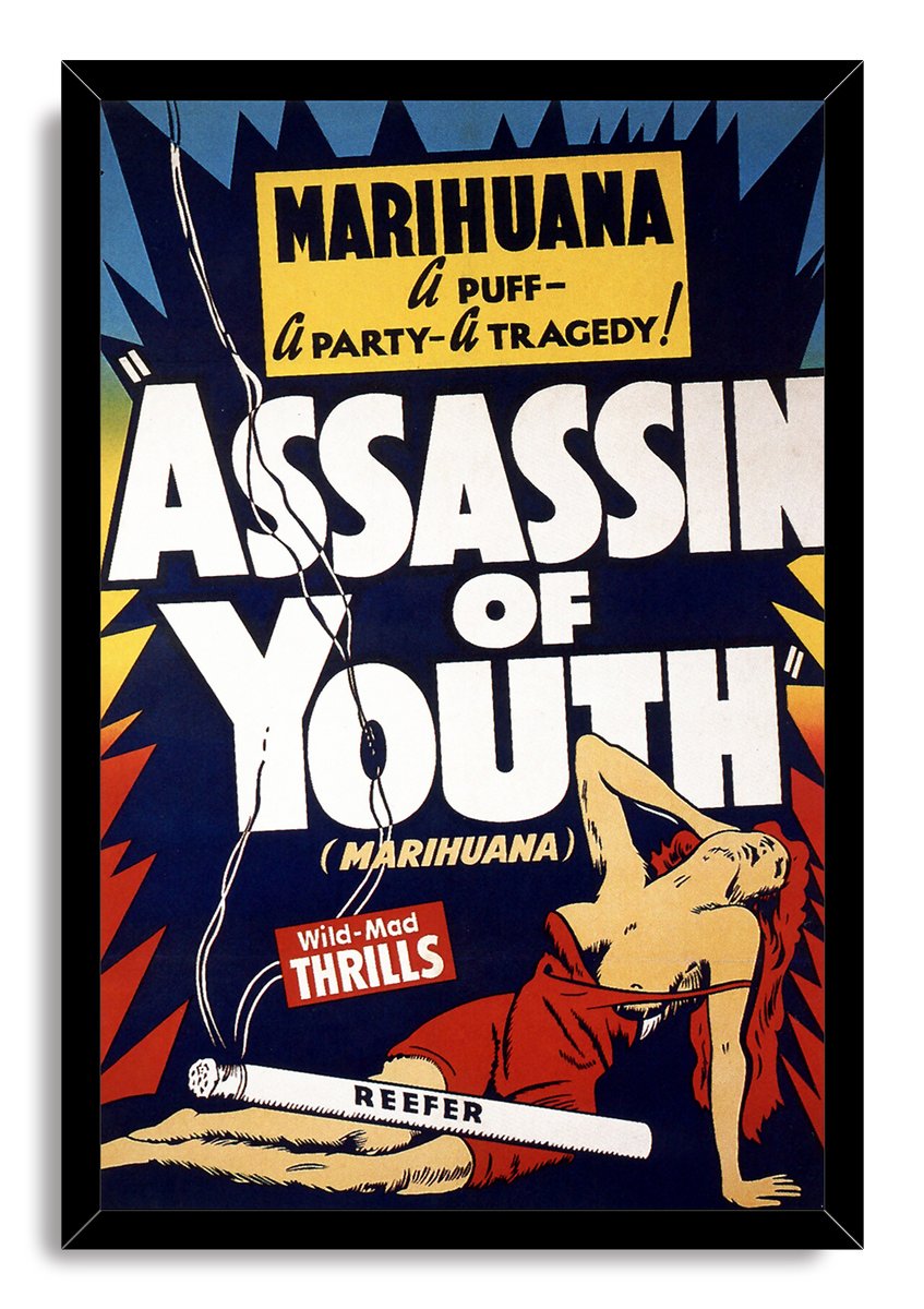 Marihuana Assassin of Youth framed wall art print presents bold vintage typography, a red-draped woman, and a reefer cigarette.
