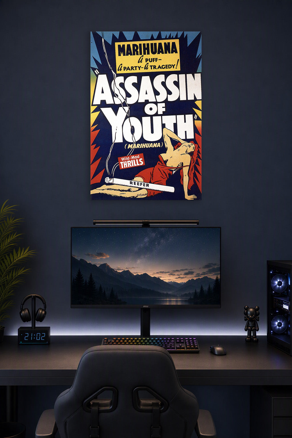 Marihuana Assassin of Youth Vintage Movie Poster in a gaming desk setup above a monitor.