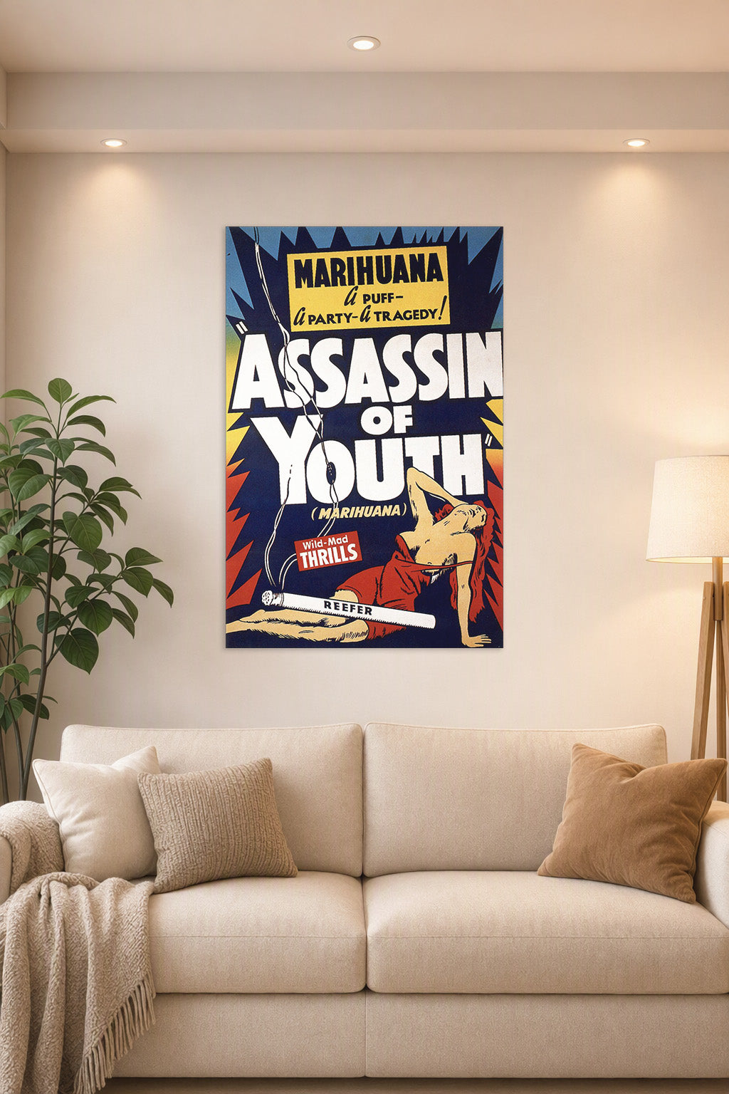 Marihuana Assassin of Youth Vintage Movie Poster in a bright living room above a beige sofa.