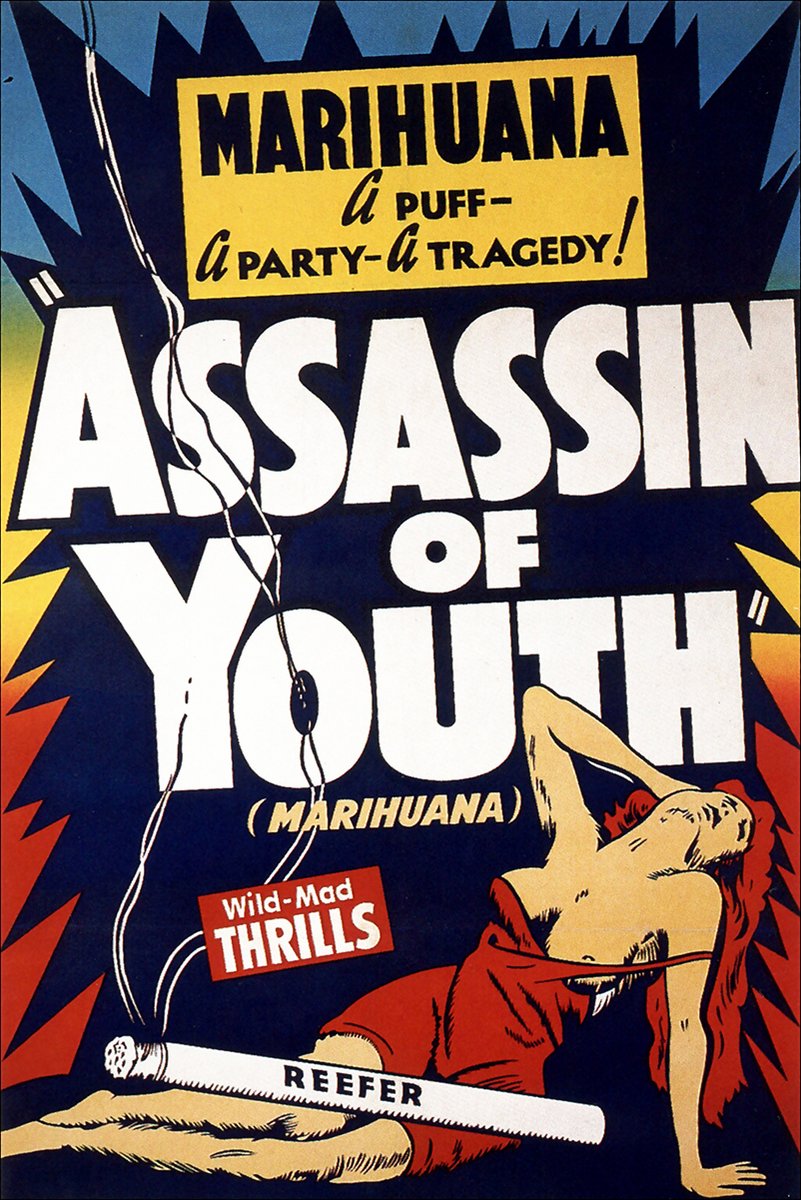 Marihuana Assassin of Youth vintage movie poster with bold white lettering, a reclining woman, and a smoking reefer.