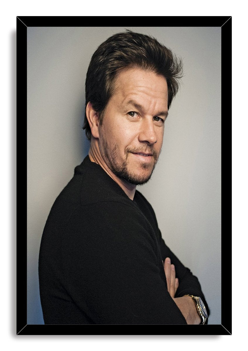 Mark Wahlberg framed wall art print featuring a gray-background portrait of the actor in black, set in a glossy black frame.