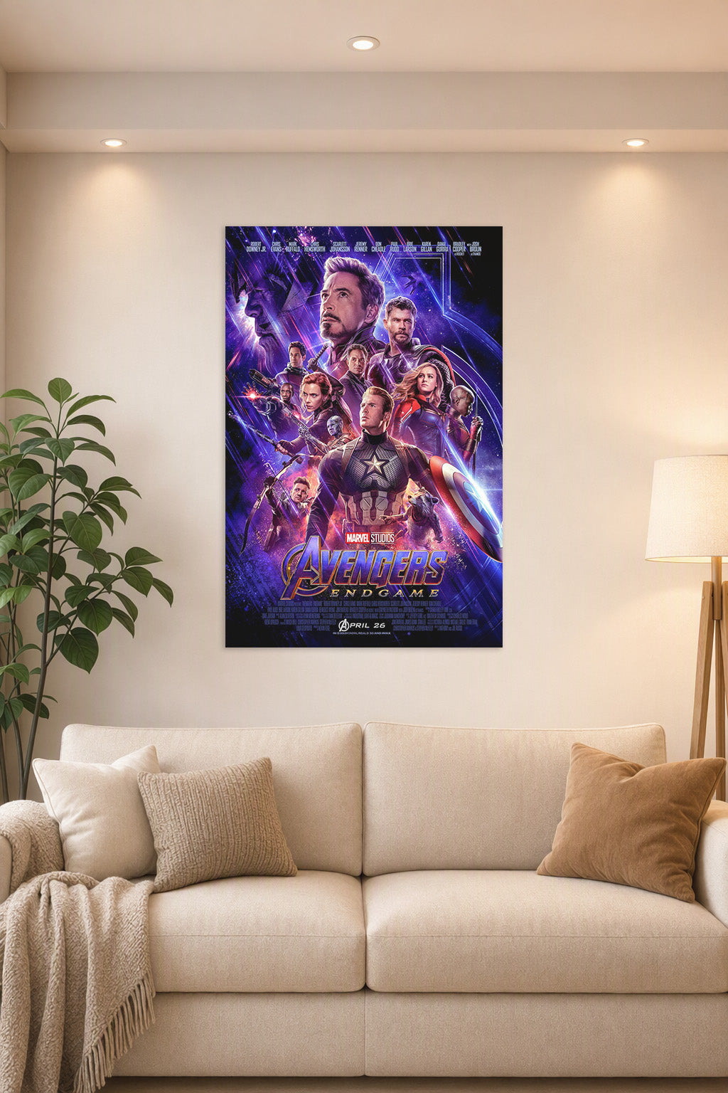 Marvel Avengers Endgame Characters in a bright living room above a beige sofa.
