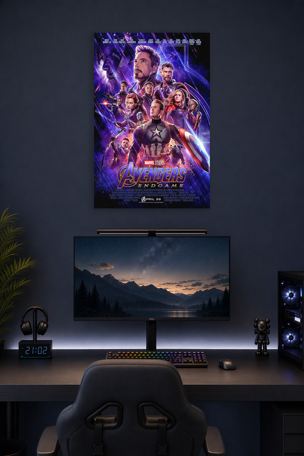 Marvel Avengers Endgame Characters in a gaming desk setup above a monitor.