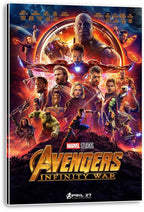 Avengers Infinity War canvas wall art print displays Thanos and the assembled heroes in orange, purple, and blue space artwork.