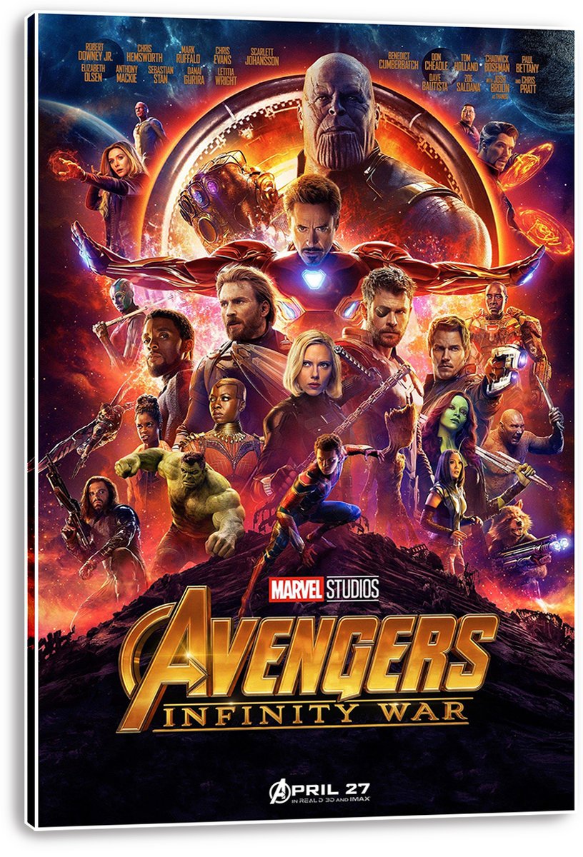 Avengers Infinity War canvas wall art print displays Thanos and the assembled heroes in orange, purple, and blue space artwork.