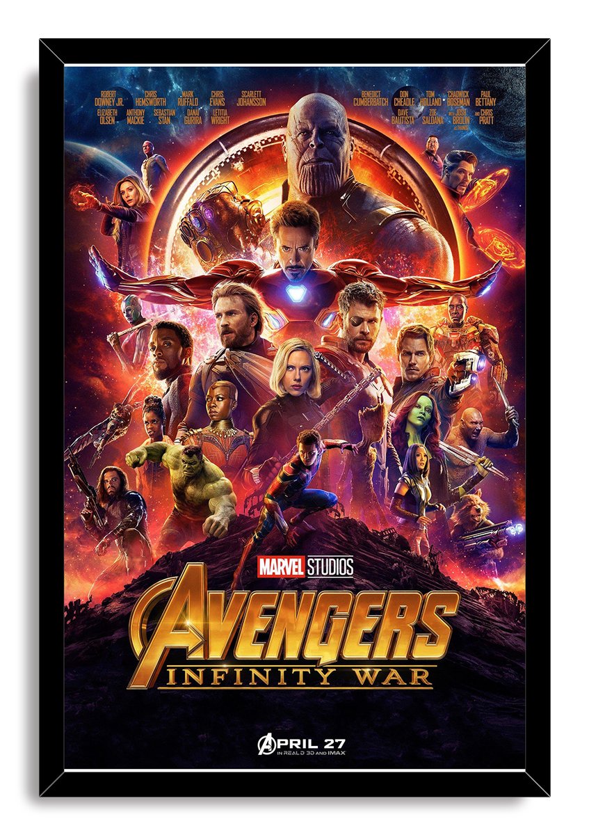 Avengers Infinity War framed wall art print presents Thanos, Iron Man, Thor, and other heroes beneath the gold title logo.