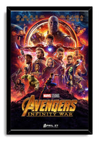 Avengers Infinity War framed wall art print presents Thanos, Iron Man, Thor, and other heroes beneath the gold title logo.