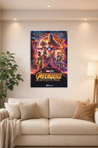 Marvel Avengers Infinity War Movie Poster in a bright living room above a beige sofa.